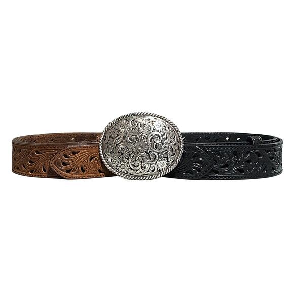 Tony Lama Interchangeable Trophy Western Leather Belt Set Tooled Silver Buckle